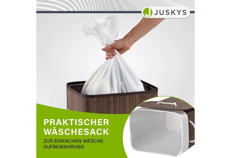 Juskys Wäschekorb Curly 72 L in Braun aus Bambus mit Deckel & waschbarem Wäschesack, Wäschesammler für 2 Personen, faltbar mit Griffen, 40 x 30 x 60 cm, Braun, – Produktbild 4 von 5