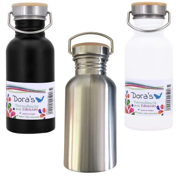 Dora's Dora's Dora’s Retro-Edelstahlflasche (500ml) Einwandig & Leicht + Bambus-Deckel, Stahl, – Produktbild 2 von 6