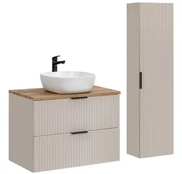 Lomadox Badmöbel-Set ADELAIDE-56-CASHMERE, (Spar-Set, 2-St., Waschtisch Hochschrank Keramikwaschbecken), 80cm Waschtisch, kaschmir und Eiche mit gerillter Front – Produktbild 1 von 1