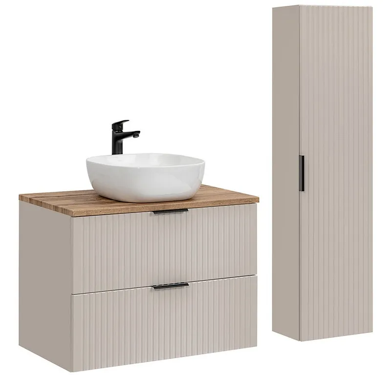 Lomadox Badmöbel-Set ADELAIDE-56-CASHMERE, (Spar-Set, 2-St., Waschtisch Hochschrank Keramikwaschbecken), 80cm Waschtisch, kaschmir und Eiche mit gerillter Front, Beige|weiß, – Produktbild 1 von 5