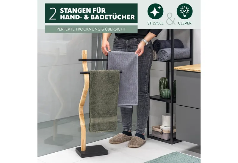eluno Handtuchständer freistehend, 2 Stangen FSC-Holz und schwarzem Metall, Schwarz, – Produktbild 3 von 5