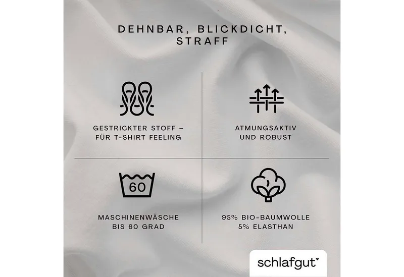 Schlafgut Schlafgut Spannbettlaken PURE Bio-Baumwolle mit Elasthan, 170 g/m², Bettlaken, Spannbetttuch, Jersey, Gummizug: rundum, (1 Stück), PREMIUM Laken für Matratzen bis 30cm Höhe, dehnbar blickdicht, straff, Beige, – Produktbild 4 von 5