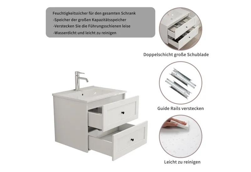 welltime Waschtisch, Badmöbel inkl. Keramikwaschbecken, in verschiedenen Breiten erhältlich, Weiß, – Produktbild 2 von 8