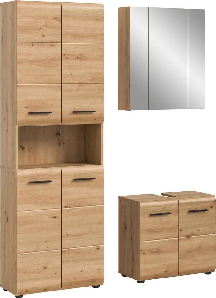 welltime Badmöbel-Set FLORENZ, 3-teilige Badkombination, hochwertige MDF-Front, (Set, 3-St., best. aus: 1 Hochschrank, 1Waschbeckenunterschrank, 1 Spiegelschrank), Bad-Kombination, Bad-Möbel, Badezimmer, Kombination, Kombi, Braun, – Produktbild 2 von 5