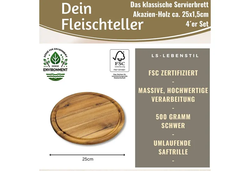 LS-LebenStil Servierbrett 4x Holz Fleischteller Servierteller 25cm Akazie Rund Schneidebrett, Holz, (Set - 4 Stück - Schneidebrett mit Saftrille Vesperbrett Brotzeitbrett, 4-St., Vesperbrett Servierteller Pizzateller Käsebrett Holzbrett), Braun, – Produktbild 2 von 5