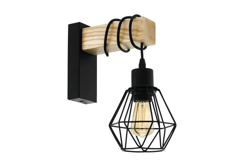 EGLO EGLO Wandleuchte TOWNSHEND 5 Wandlampe, Stahl und Holz, E27, IP20, Wohnzimmerlampe, ohne Leuchtmittel, Wand-/Deckenleuchte, Wohnzimmer, L14 x H27,5 cm, Braun|schwarz, – Produktbild 1 von 8