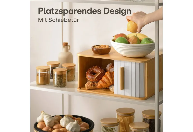 Praknu Brotkasten Brotkasten Groß aus FSC® Bambusholz mit Schiebetür - Brotaufbewahrung, Bambus, (Brotkasten Bambus, Brotkasten aus Bambus mit Schiebetür), FSC® Holz - Platzsparend und stilvolle Brotbox für längere Frische, Beige|braun, – Produktbild 4 von 5