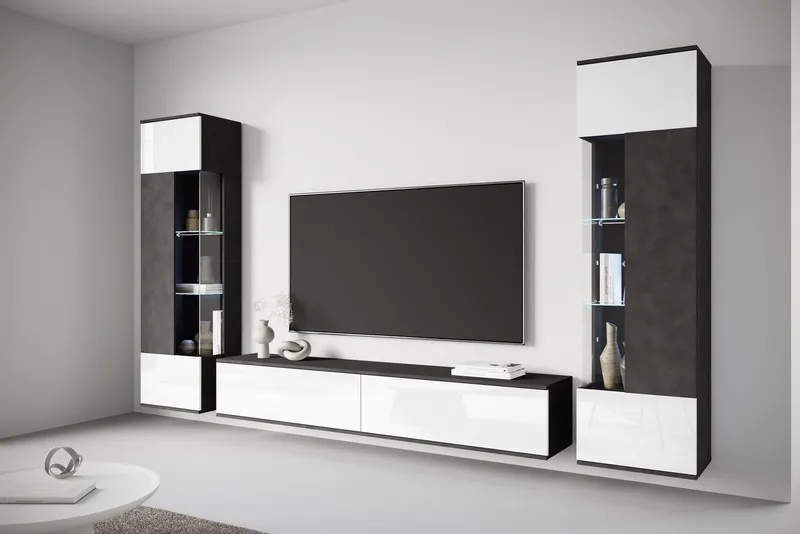 OTTO home Wohnwand Kenia, Vitrine Türanschlag links/rechts wechselbar, (3-St), Vitrinen mit Eckverglasung, hängend und stehend montierbar, Grau, – Produktbild 2 von 5