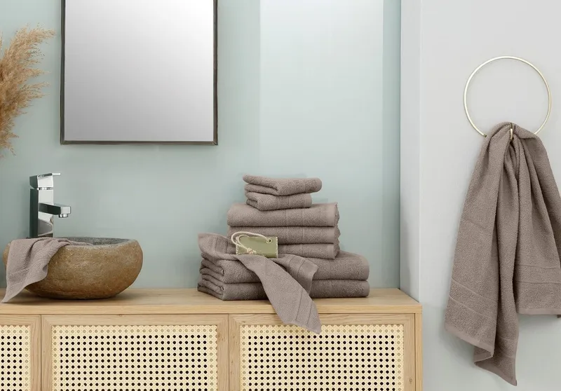 OTTO home Handtuch Set Inga, 3 Qualitäten, Duschtücher, Handtücher, Gästetücher, Seiftücher, Walkfrottier (10-St), Handtücher mit feiner Bordüre, 100% Baumwolle, Braun, – Produktbild 6 von 8