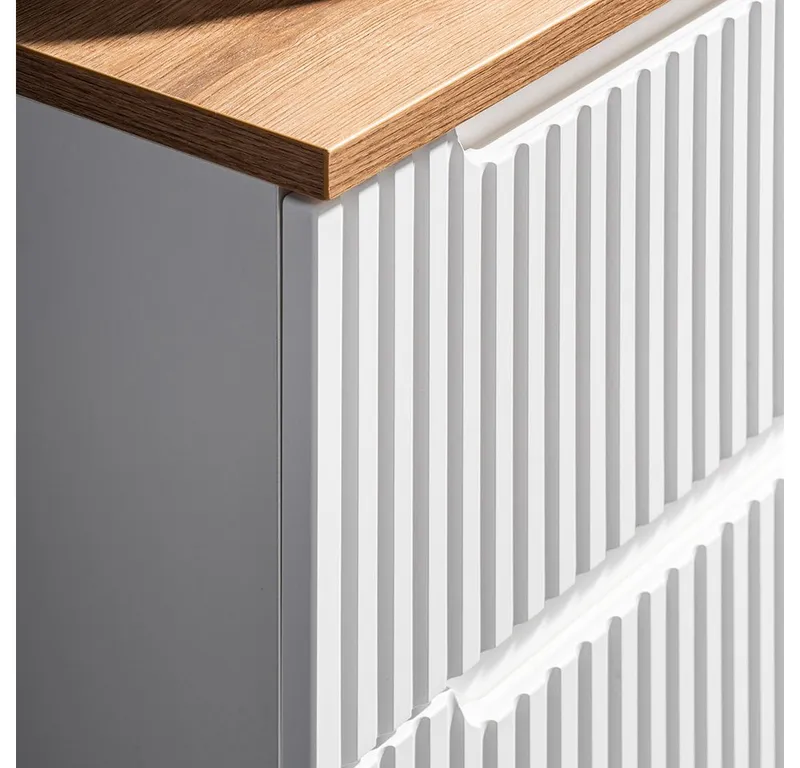 Lomadox Waschbeckenschrank NEWPORT-56-WHITE Waschtischunterschrank, 60cm breit, weiß und Eiche, gerillte Front, Weiß, – Produktbild 3 von 5