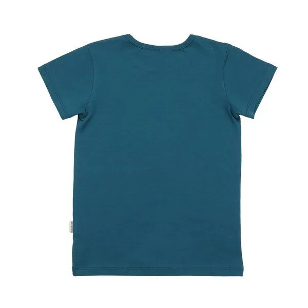 Walkiddy Kinder T-Shirt GOTS-zertifiziert aus Bio-Baumwolle, petrolblau mit laufendem Dinosaurier-Motiv, kurzarm – Walkiddy, weich & hautfreundlich, Blau, – Produktbild 3 von 3