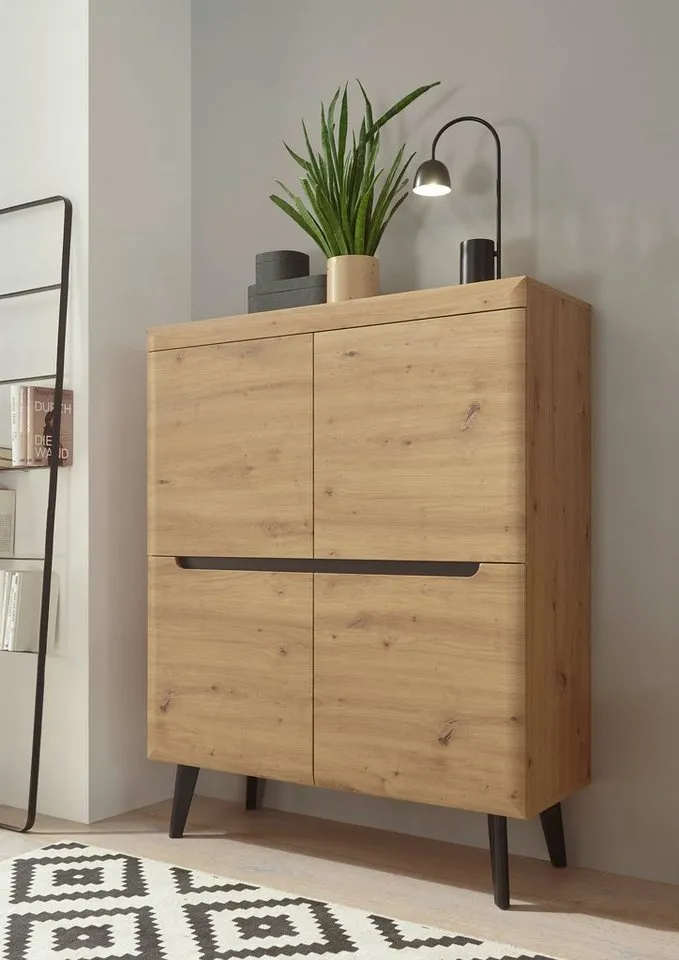 Home affaire Highboard Torge, Kommode, Schrank, Sideboard, Anrichte, Mehrzweckschrank (1 St), abgeschrägte Füße, drei Farben, Scandi Design, 107 cm breit, Braun, – Produktbild 2 von 5