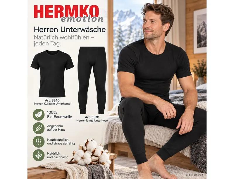HERMKO Lange Unterhose 3570 ohne Eingriff, 100 % 100 % Bio-Baumwolle, Dehnbund, Blau, – Produktbild 5 von 5