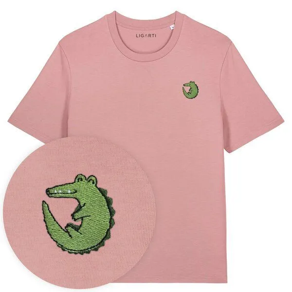 LIGARTI Besticktes T-Shirt – Ali das Krokodil – LIGARTI Tiermanufaktur, Altrosa, – Produktbild 1 von 3