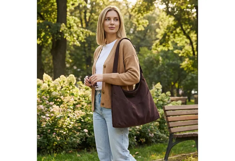 Oemmn Schultertasche große Damen Wildleder Tasche mit Reißverschluss & verstellbarem Gurt, Handtasche Damen aus weichem veganem Leder mit Fächern, Braun, – Produktbild 1 von 4