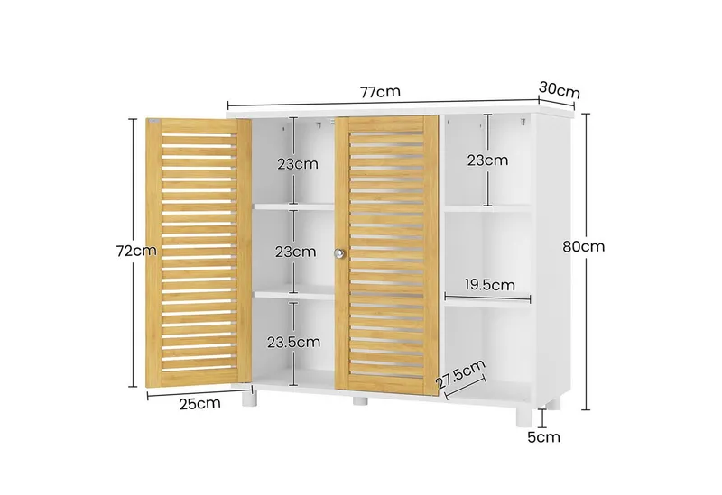 MSMASK Badkommode Badezimmerschrank mit 3 Offenen Regalen und 2 Bambustüren, 77 × 30 × 80 cm, Beige, – Produktbild 2 von 5