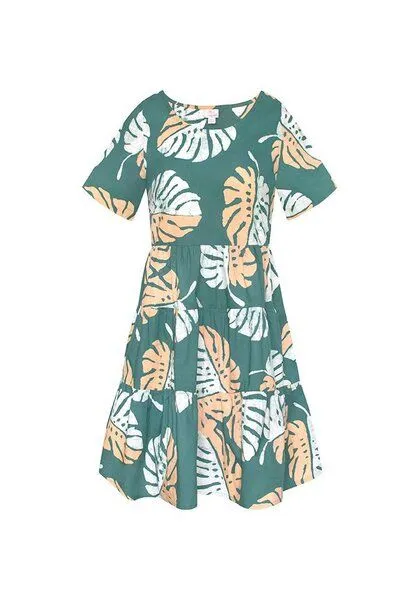 Global Mamas Global Mamas Bio Kleid - SHORT TIERED - Birds of Paradise/Canopy/Rings/Monstera, Monstera teal (blaugrün), – Produktbild 1 von 3