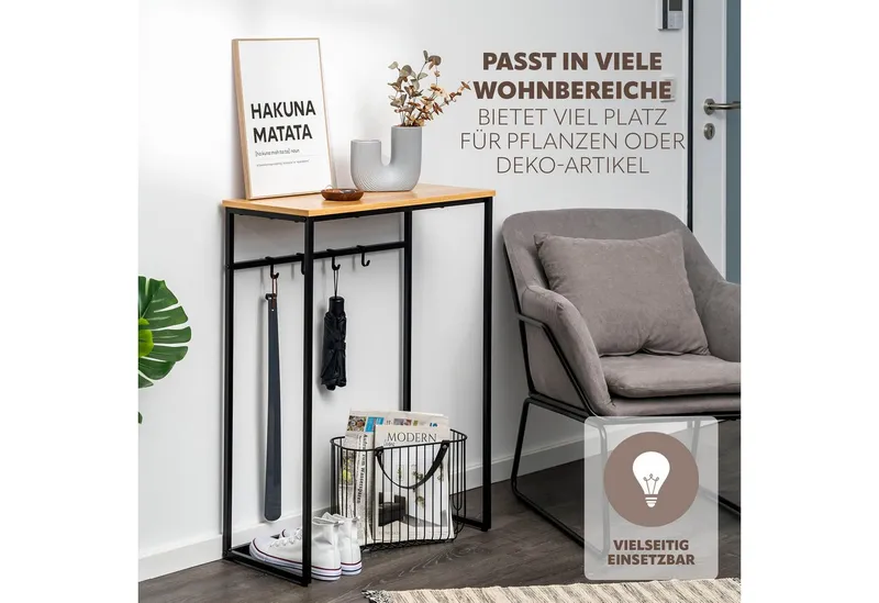 eluno Konsolentisch mit 1 Holzablage, 4 Haken, höhenverstellbare Füße, Schwarz, – Produktbild 5 von 5