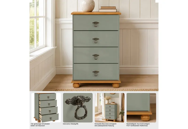 OTTO home Kommode Finca, aus massivem Kiefernholz, mit 4 Schubladen für Stauraummöglichkeiten, Beige, – Produktbild 3 von 4
