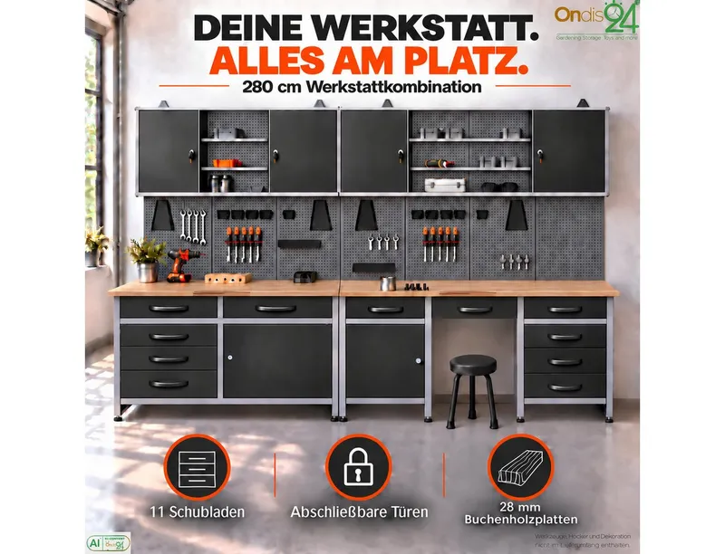 ONDIS24 Werkstatt-Set Werkstatt-Set Herkules 280 cm Werkbank 11 Schubladen Hängeschränke – Produktbild 2 von 5