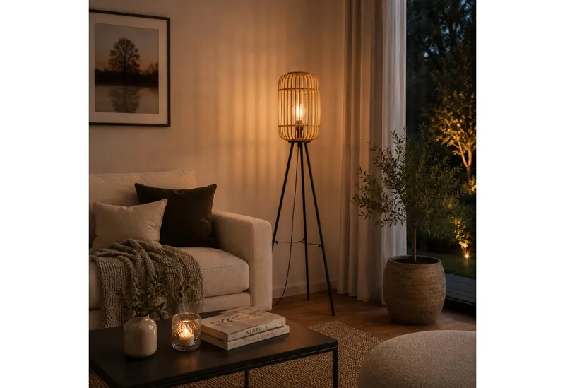 Lightbox Stehlampe, ohne Leuchtmittel, dekorative Dreibein-Lampe - Stehleuchte Nature-Style mit Fußschalter, Braun, – Produktbild 1 von 5