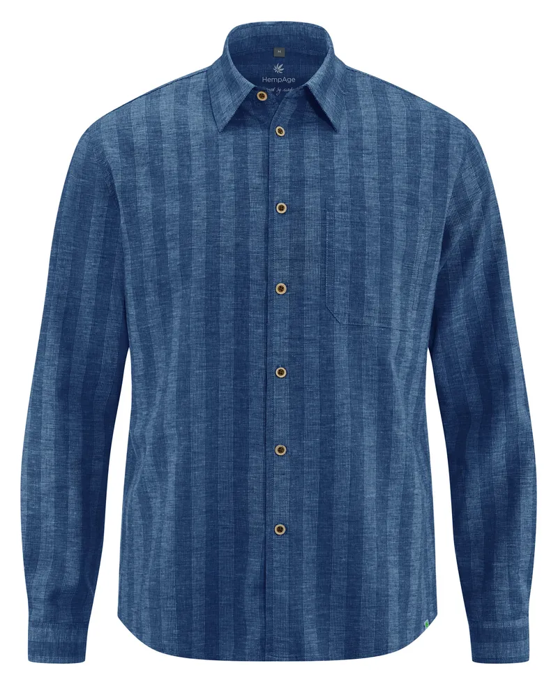 HempAge Hempage Herren vegan Gestreiftes Freizeithemd In Meeresblau, Blau, – Produktbild 1 von 2