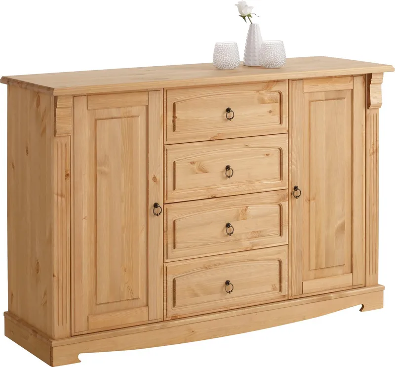 OTTO home Sideboard Anna, Kommode, im Landhausstil, Made in EU (Gesamtmaße (B/T/H): ca. 140/44/88 cm), Kommode, Breite 140 cm, 4 Schubladen, 2 Türen, Massivholz, FSC®, Beige, – Produktbild 1 von 5