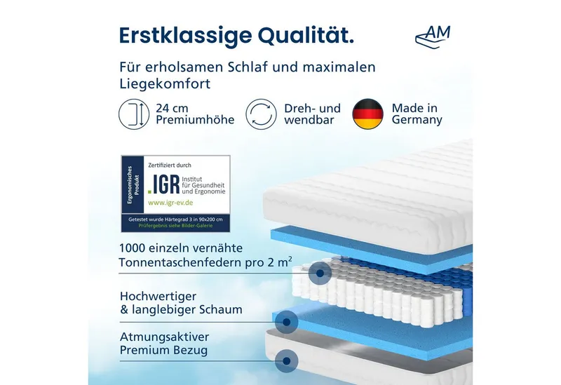 Taschenfederkernmatratze 1000 Federn, 7-Zonen Federkernmatratze, Besonders Anpassungsfähig, AM Qualitätsmatratzen, 24 cm hoch, 80x200 cm – Produktbild 7 von 7
