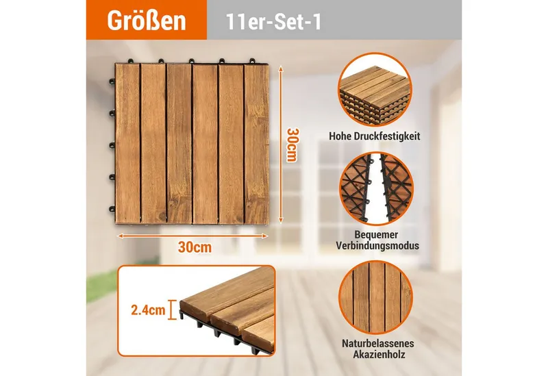 Clanmacy Holzfliesen 11-110 Stück erhältlich Terrassenfliesen, Akazien-Holz, Garten - 55st, 55er Set, 55 St., 30x30cm = 1qm pro Fliese, rutschfest, Stecksystem, langlebig – Produktbild 2 von 5