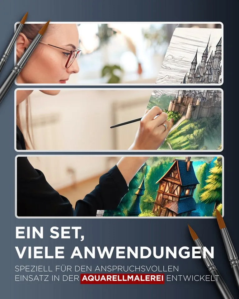 LIEBERGE Malpinsel Premium Set Aquarell – 8 Aquarelllpinsel, inkl. Präsenter, (Set, 8 St., Rundpinsel, Pinselpräsenter, Pinselständer), Synthetikhaar, vegan, langlabig, hohe Farbaufnahme, Anfänger, Profis, Schwarz, – Produktbild 4 von 5