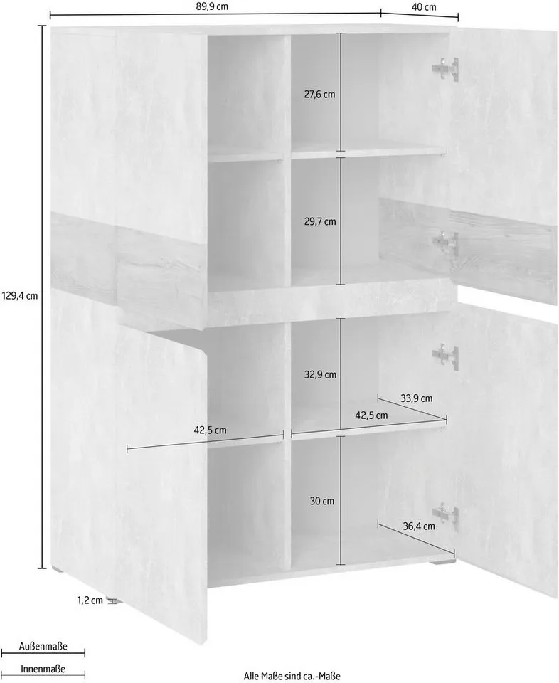 Home affaire Highboard Rimini, Hochschrank, Hochkommode, 4 Türen, Höhe 129 cm, Grau, – Produktbild 5 von 5