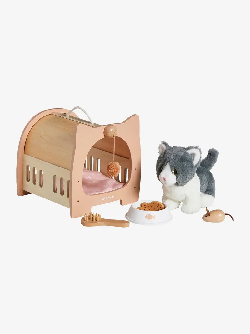 Vertbaudet Vertbaudet Kinder Plüschkatze mit Transportbox aus Holz FSC®, Braun, – Produktbild 3 von 4