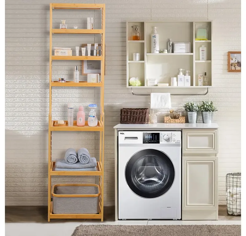 WAOHO Standregal Badezimmerregal Bambus-Bodenständer, Bambus-Regal, 7 Etagen, Beige, – Produktbild 4 von 5