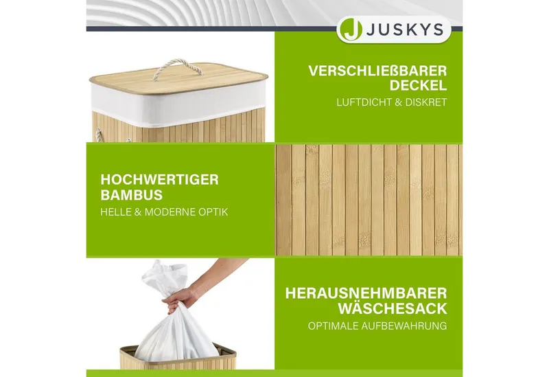 Juskys Wäschekorb Curly 72 L in Natur aus Bambus mit Deckel & waschbarem Wäschesack, Wäschesammler für 2 Personen, faltbar mit Griffen, 40 x 30 x 60 cm, Beige, – Produktbild 3 von 5