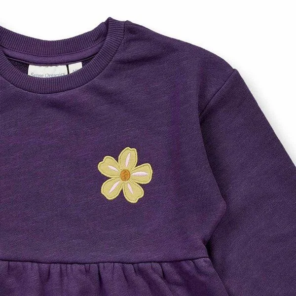 Sense Organics Sense Organics Mädchenkleid mit Blumenstickerei, Modell JASSIMA, Dunkle pflaume mit blume, – Produktbild 3 von 4