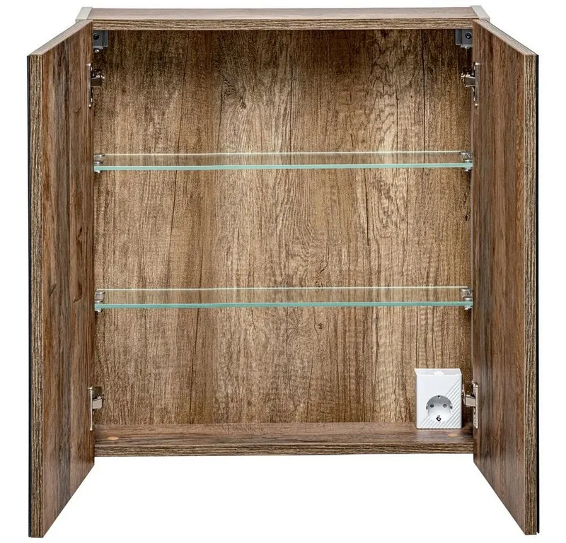 Lomadox Spiegelschrank PUEBLA-56-TAUPE 60cm mit LED in taupe mit Vintage Oak Eiche, B/H/T ca. 60/65-75/17 cm, Beige|braun, – Produktbild 3 von 5