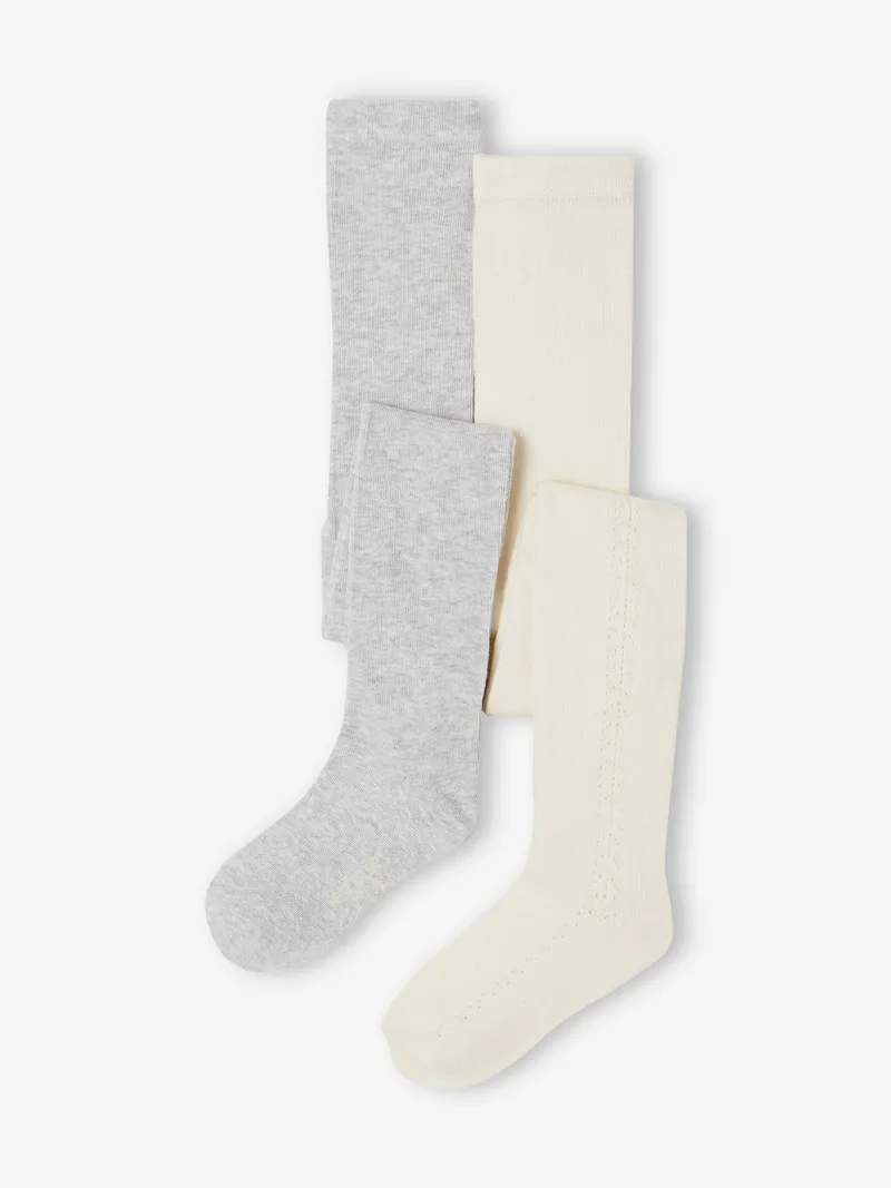 Vertbaudet 2er-Pack Strumpfhosen mit Relief-Muster & Glattstrick Mädchen, Wollweiß, – Produktbild 1 von 2