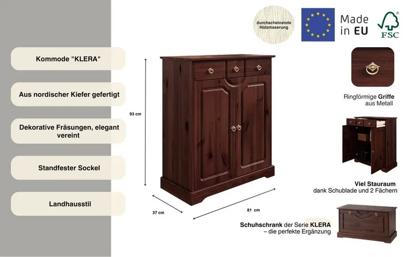 OTTO home Kommode Klera, Breite 81 cm, aus massiver Kiefer, FSC®-zertifiziert, Braun, – Produktbild 4 von 5