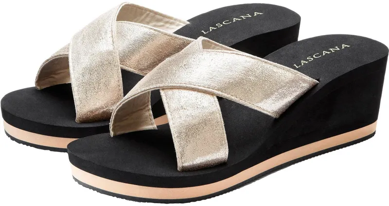 Lascana Lascana Badeschuhe, Flip Flop, Badelatsche, Sandale Badepantolette Pantolette mit Keilabsatz und Metallic-Optik VEGAN, Goldfarben|schwarz, – Produktbild 2 von 5