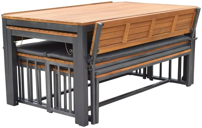 Merxx Merxx Garten-Essgruppe Milos, (Set, 10-tlg., 4 Bänke (2x mit und 2x ohne Rückenlehne), 2 Tische, 4 Sitzkissen), Set ist komplett ineinander verstaubar, geeignet für 12 Personen, Braun|grau, – Produktbild 2 von 5