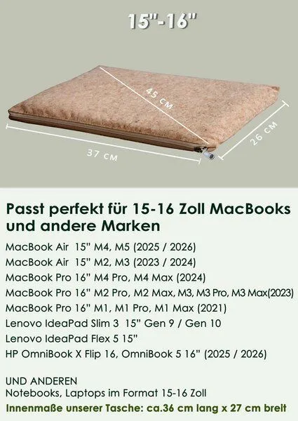 BY COPALA BY COPALA 15–16 Zoll Kork Laptoptasche mit Zipper, Natur, – Produktbild 1 von 4