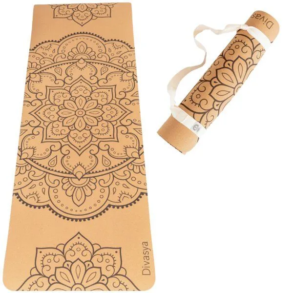 Divasya Divasya Leichte Kork Yogamatte | rutschfest & nachhaltig | in 4 Yoga-Designs | mit Tragegurt, Mandala, – Produktbild 1 von 4