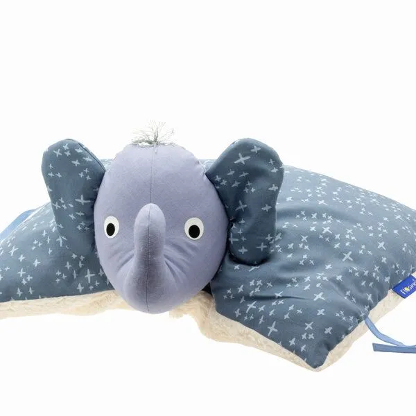 Flosinn Flosinn Kuschelkissen Elefant als Reisekissen mit Teddyplüsch aus Baumwolle Personalisierbar, Blau, – Produktbild 2 von 5