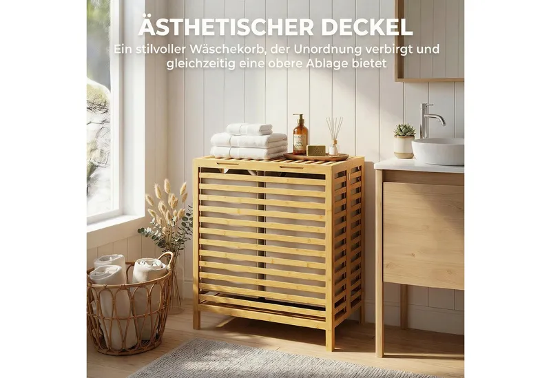 HOMCOM HOMCOM Wäschekorb (Wäschebox, 1 St., Wäschesammler), 64 Liter, faltbar, Doppelkorb, Bambus, Beige, – Produktbild 5 von 5