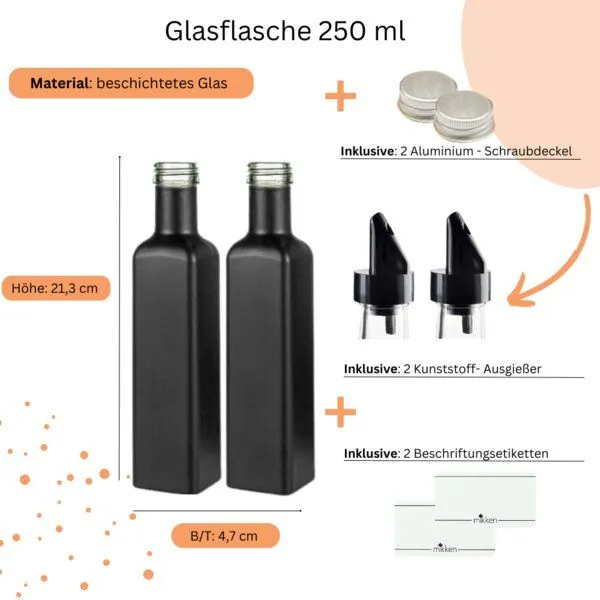 mikken mikken 2er Set Ölflasche / Essigflasche 250 ml mit Ausgießer Glasflaschen mit Dosierer + Schraubdeckel + 2 Etiketten, Black, – Produktbild 2 von 2