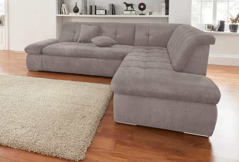 DOMO collection Ecksofa NMORIC inkl. Zierkissen 273x216x80 cm L-Form, Ottomanen-Abschluss, wahlweise mit Bettfunktion und Armlehnverstellung, Braun, – Produktbild 1 von 8