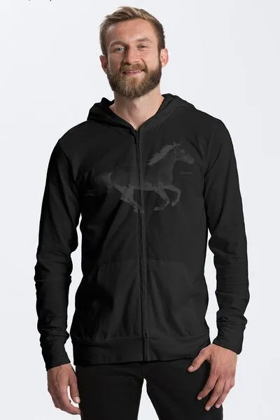 Peaces.bio - handbedruckte Biomode Peaces.bio - handbedruckte Biomode Herren Bio-Jersey-Zip-Hoodie Horsepower, Schwarz, – Produktbild 1 von 1