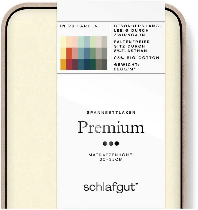 Schlafgut Schlafgut Spannbettlaken PREMIUM Mako-Zwirn-Jersey, 220 g/m², 95% Bio-Baumwolle, 5% Elasthan, Mako-Zwirn-Jersey, Gummizug: rundum, (1 Stück), Bettlaken bis 30 cm Höhe, PREMIUM-Qualität langlebig, perfekter Sitz, Gelb, – Produktbild 3 von 5