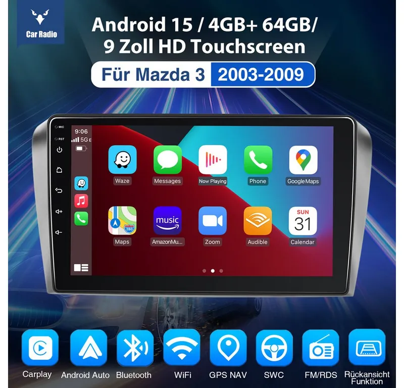 ESSGOO Für Mazda 3 2010-2013 Android 15 Carplay Autoradio Autoradio (RDS, Digitalradio (DAB), FM, Carplay Android Auto GPS Navi WIFI BT SWC), Schwarz, – Produktbild 2 von 5