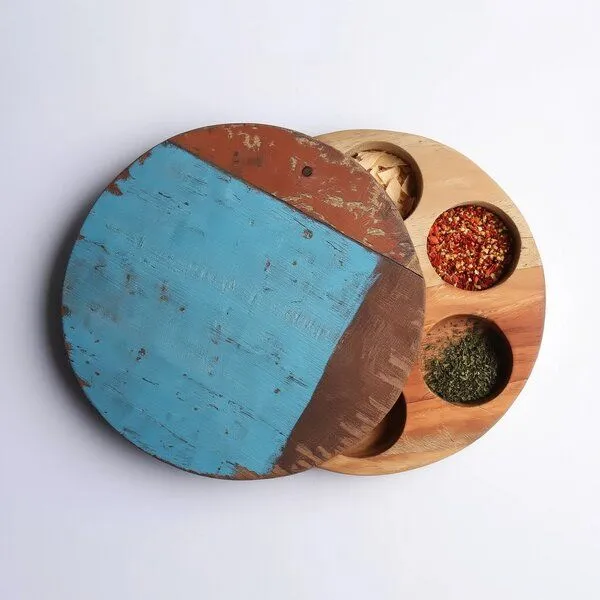 Good To Give Good To Give Gewürzbox aus recyceltem Altholz | handgefertigte Masala Dabba mit 7 Fächern, Ø 25 cm, Indien – Produktbild 1 von 3